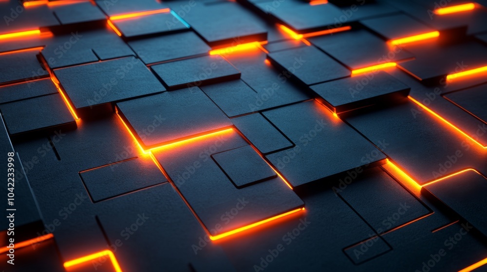 Poster A captivating display of geometric black shapes interconnected by vibrant orange lines, creating an energetic visual atmosphere. This digital design showcases modern aesthetics.
