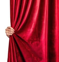PNG Hand opening red curtain velvet pulling fabric.