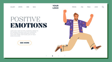 Happy man jumping with joy on a website interface design layout Ideal for creative websites personal blogs motivational content mental health promotions and lifestyle branding projects. Modern Flat