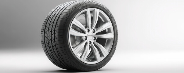 A single car tire with a sleek alloy wheel design, set against a simple gray background, highlighting its tread pattern and modern style.