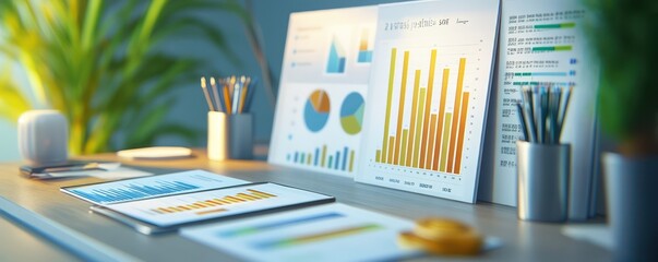 A successful business portfolio displayed on desk showcasing impressive graphs and reports