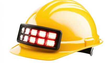 A striking yellow hard hat features a bold red flashing light, designed for safety in construction