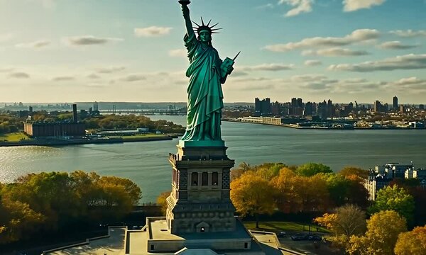 Aerial View of the Statue of Liberty with the City Skyline in the Background
