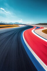 Curved racetrack design in a desert landscape under a clear blue sky during daytime