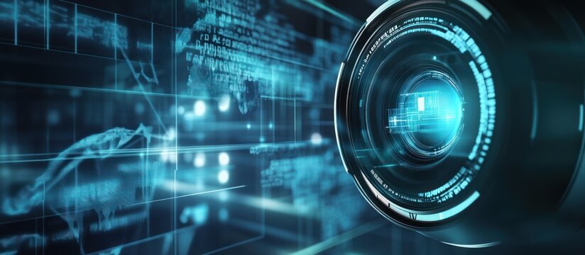 Close-up of a futuristic camera lens with blue and black tones, with a blurred background of abstract digital data and light streaks.