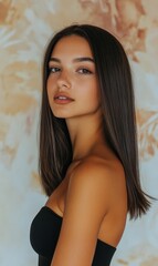 Fototapeta premium Woman with long dark hair, wearing a black top.