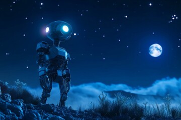 A futuristic robot stands under a starry night sky. The moon shines brightly. This image captures wonder and technology in a breathtaking scene. Generative AI