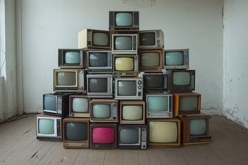 A pyramid of vintage television sets arranged against a simple backdrop.