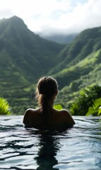 Fototapeta premium Woman in pool with mountain view.