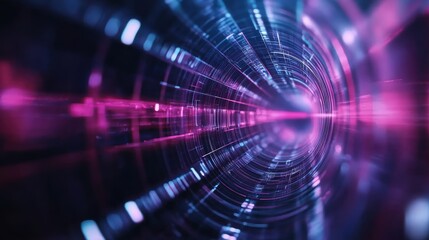 Fototapeta premium Digital tunnel with pink and blue neon lights. Abstract technology background.