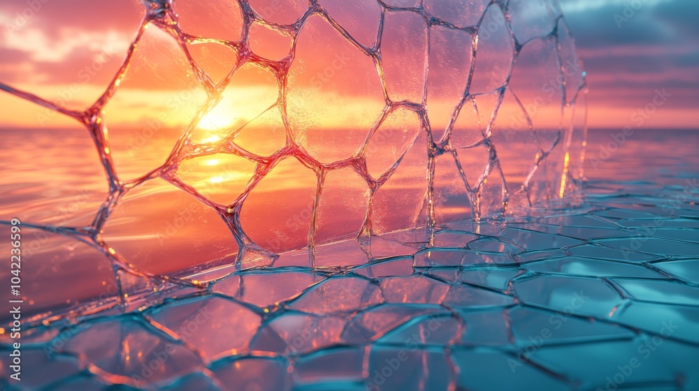 Poster as the sun sets on the horizon, vibrant colors blend in the sky while intricate ice formations creat