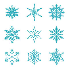 Fototapeta premium Unique snowflakes set, detailed hand drawn flat vector line illustration. Graphic outline drawing. Christmas and New Year symbol. Beautiful snowflake silhouette icon for frosty winter designs.