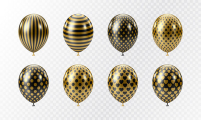 Black Gold balloons set. Luxury realistic balloons. 3D glossy dotted pattern