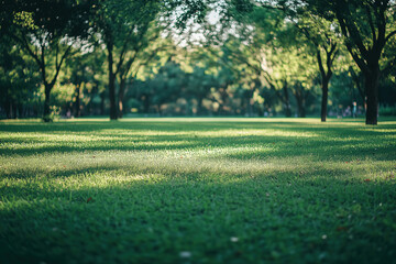Obraz premium Lush green lawn under trees in a serene park during the late afternoon, inviting relaxation and outdoor activities. Generative AI
