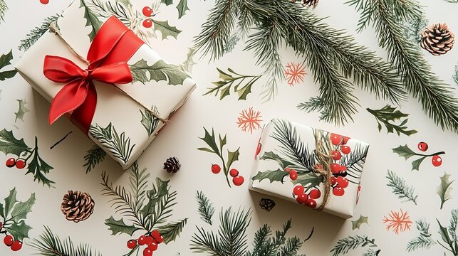 christmas presents wrpped waiting on a wraping papaer