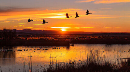 Fototapeta premium Silhouetted Canadian Geese flying at sundown over quiet Winter pond on wildlife refuge, San Joaquin Valley, California