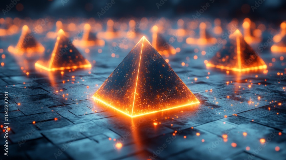 Poster a series of glowing pyramids illuminate a dark, textured surface, surrounded by sparks of light, evo
