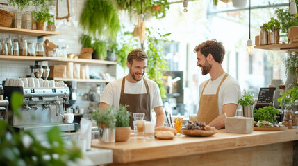 Fototapeta premium Two baristas in a cozy, plant-filled caf? share a cheerful moment behind the counter, surrounded by coffee mugs and pastries.
