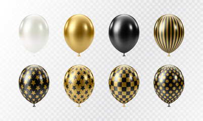 Black Gold balloons set. Luxury realistic balloons. 3D glossy dotted pattern