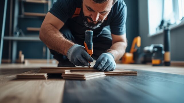 Man assembling laminate flooring at home. Indoor DIY project. Home improvement and renovation concept