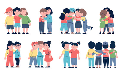 Kids friends hugs. Warming friendly hug between little children. Kindergarten or preschool friendship. Toddlers support each other recent vector set