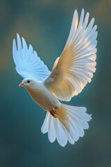 Obraz premium White bird in flight with spread wings against a clear blue sky during daylight