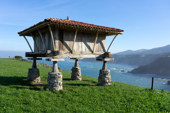 Typical Asturian horreos in Cadavedo, Asturias, Spain