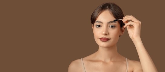 Young woman correcting shape of her eyebrows on brown background with space for text