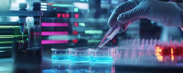 Biotechnology laboratory with DNA strands, petri dishes, and advanced sequencing tools