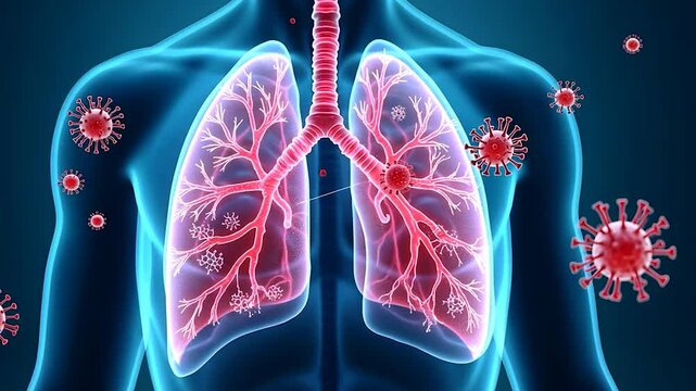 Illustration of Human Lungs with Viruses