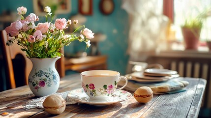 Cozy Tea Time with Floral Cup and Fresh Macarons