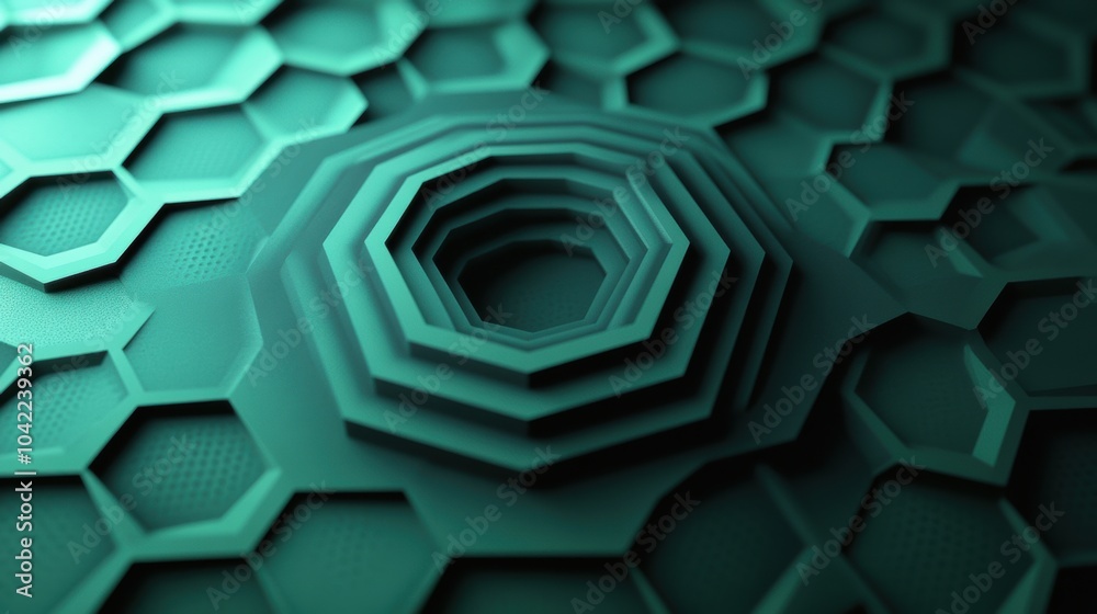Aufkleber Layered hexagons in varying sizes create a captivating geometric abstraction, drawing the eye toward the center with a rich green hue. Generative AI