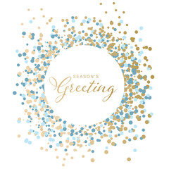 Festive card template with gold and blue confetti circle on white background. Holiday greeting card design for Christmas and New Year.