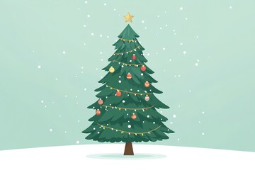 Stylized Christmas tree with decorations under snowfall