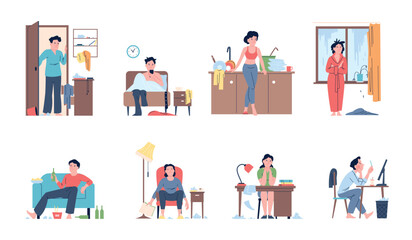 Lazy people. Person have mess and disorder at home, slobs characters. Men women spend time in bed, with drinks on sofa, sleep in chair, recent vector set