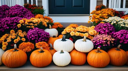 Vibrant orange and white pumpkins are artfully arranged with colorful mums on the porch steps of a house, showcasing a charming fall decoration theme
