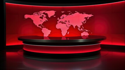 A modern news studio with a round desk and a world map displayed on the screens.