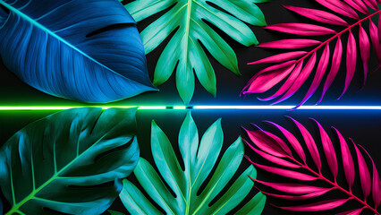 Tropical leaves illuminated by a bright neon light.