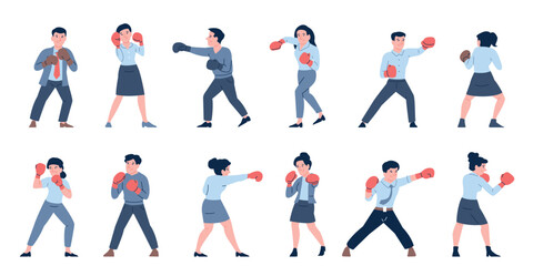 Business boxing. Office people in boxers gloves stand in fighting poses. Sprong men and women ready to fight for success and work, recent vector characters