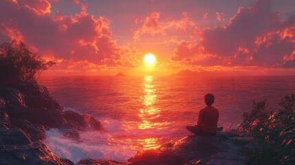Obraz premium A tranquil seaside sunset featuring a character sitting on a rocky shore, perfect for evoking feelings of relaxation and introspection in various creative projects.