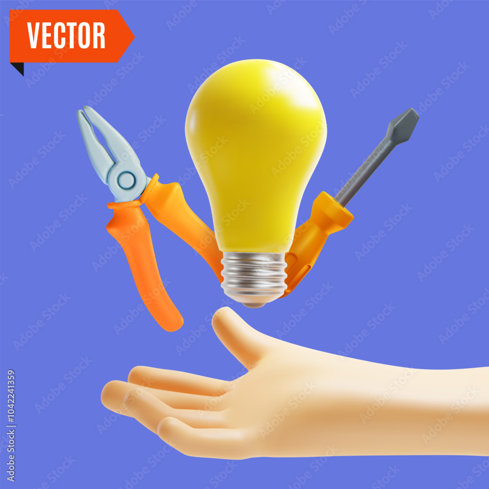 Poster 3d Electrical Fix and Repair Concept Human Hand with Floating Light Bulb, Pliers and Screwdriver Cartoon Design Style. Vector illustration