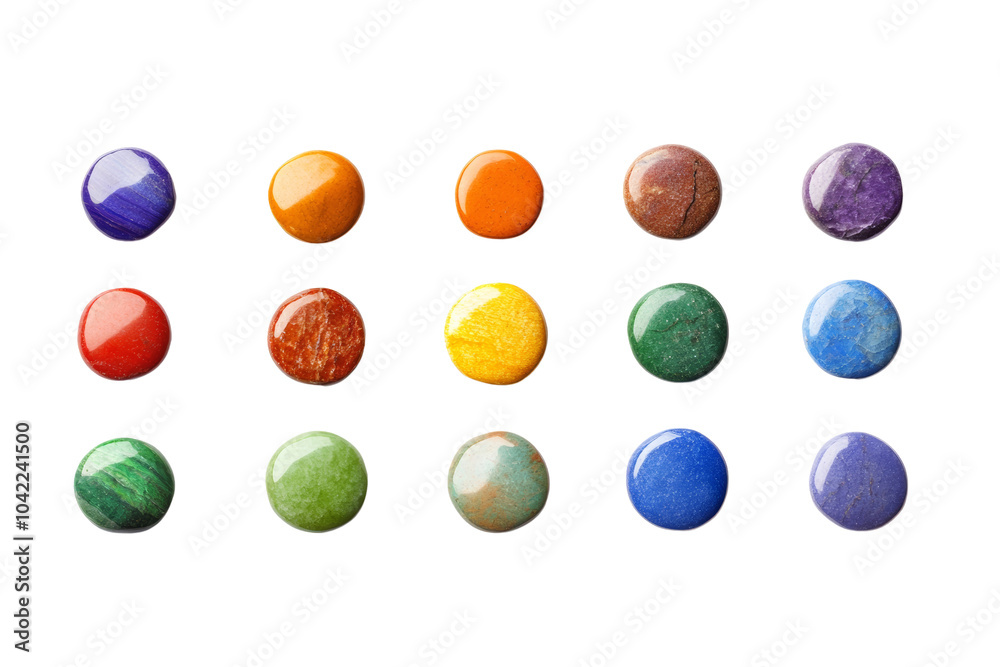 Poster a colorful arrangement of round gemstone-like objects, showcasing vibrant hues against,isolated on t