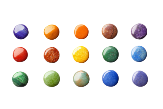 A colorful arrangement of round gemstone-like objects, showcasing vibrant hues against,Isolated on transparent background