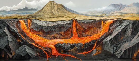 Cross-section a volcano with flowing lava, magma chambers, and tectonic plates