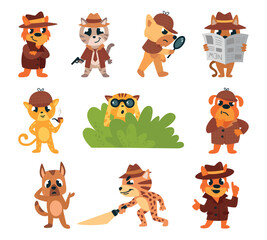 Cute animal detectives characters. Dogs cats with binoculars and magnifying glass. Crime investigation, looking around, hide behind newspaper classy vector set