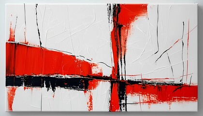 Minimalist Abstract with Bold Red and Black Lines on White Canvas