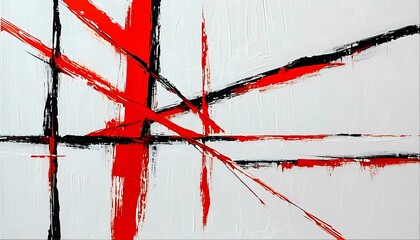 Minimalist Abstract with Bold Red and Black Lines on White Canvas
