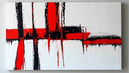 Minimalist Abstract with Bold Red and Black Lines on White Canvas