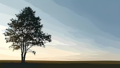 Minimalist Landscape with a Single Tree Silhouette and Vast Sky