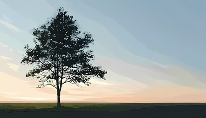 Minimalist Landscape with a Single Tree Silhouette and Vast Sky